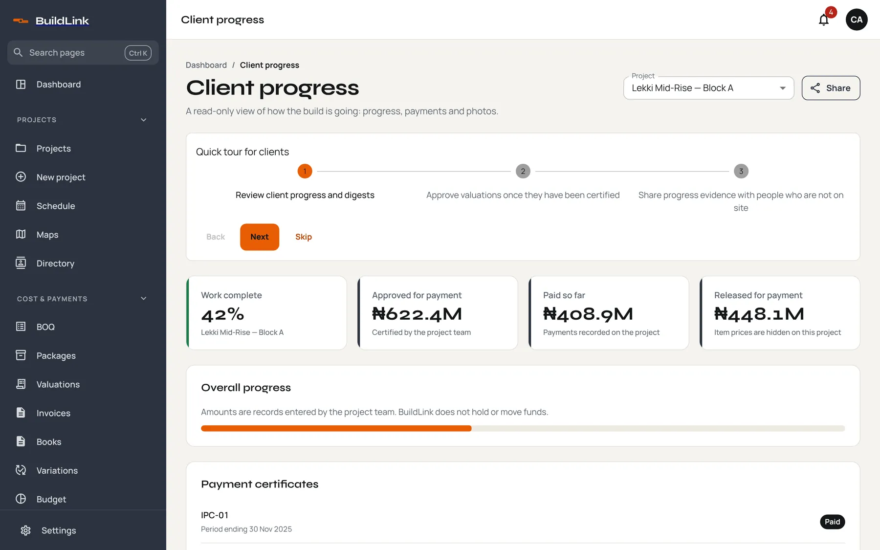 Client progress portal showing work complete, approved for payment and paid to date.